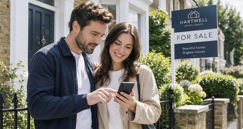 Prospective homebuyers viewing information on a smartphone while standing outside a property with a visible estate agent's for sale board.